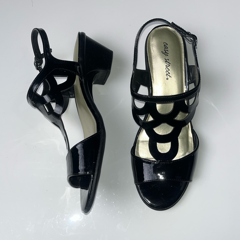 Easy Street Black Faux Leather Open Toe Platform Heel Sandals w/ Ankle Strap 9.5